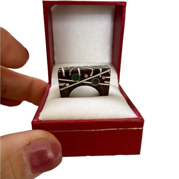 One of a Kind Hand crafted Wood Ring, Green/White Inlays - Picture 5 of 8